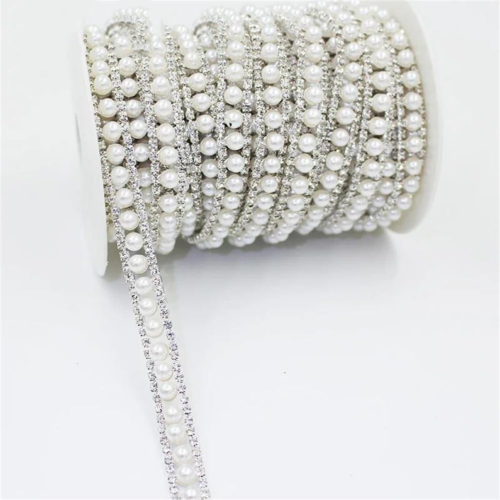 1/5Yards Pearl Crystal Ribbon Silver Metal Chain Decoration Sew Rhinestone Trim for Clothing Silver 5 Yards