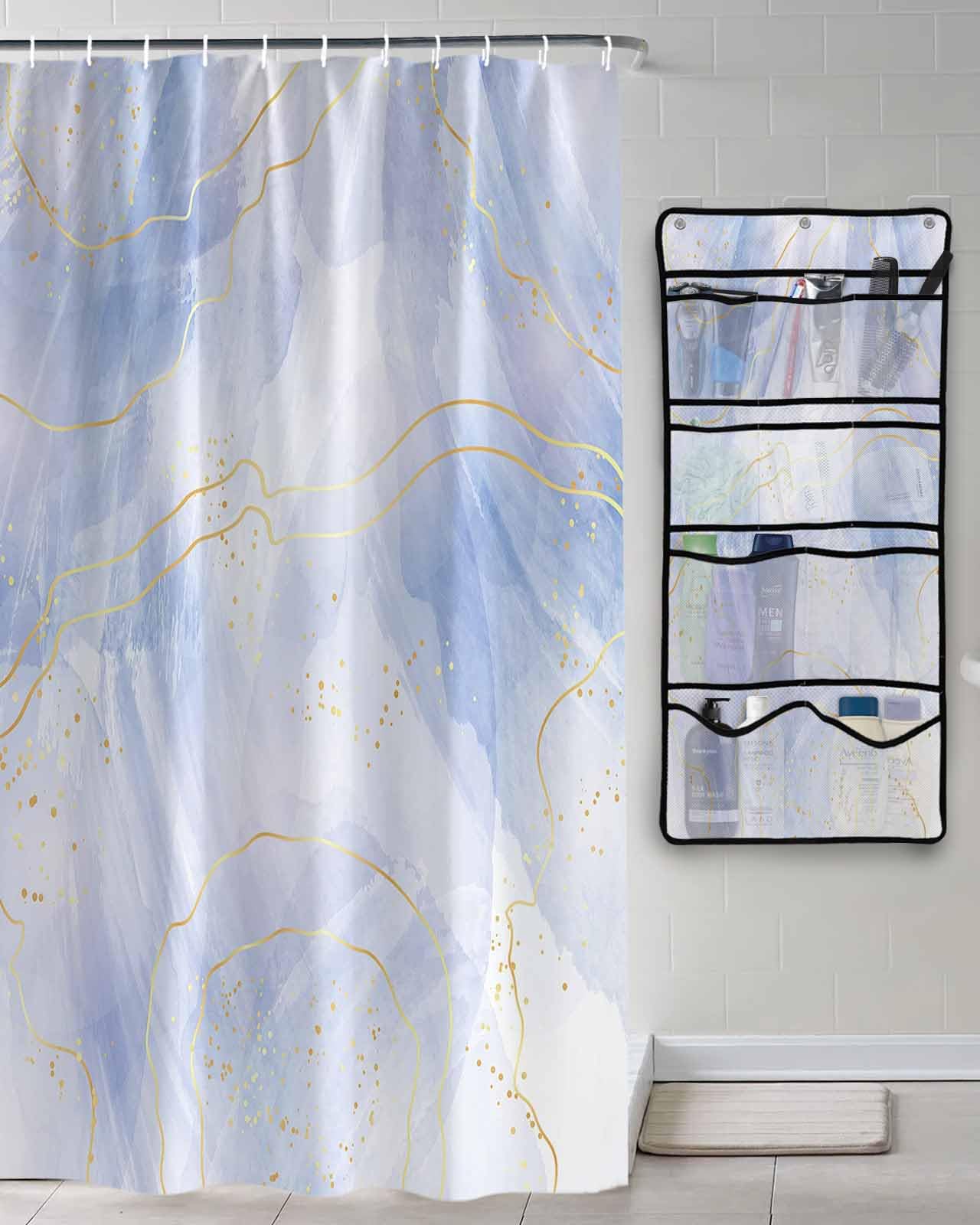 Shower Curtain Mesh Shower Organizer Hanging Set Blue Golden Marble Gradient Texture Waterproof Shower Curtains with 10 Pockets