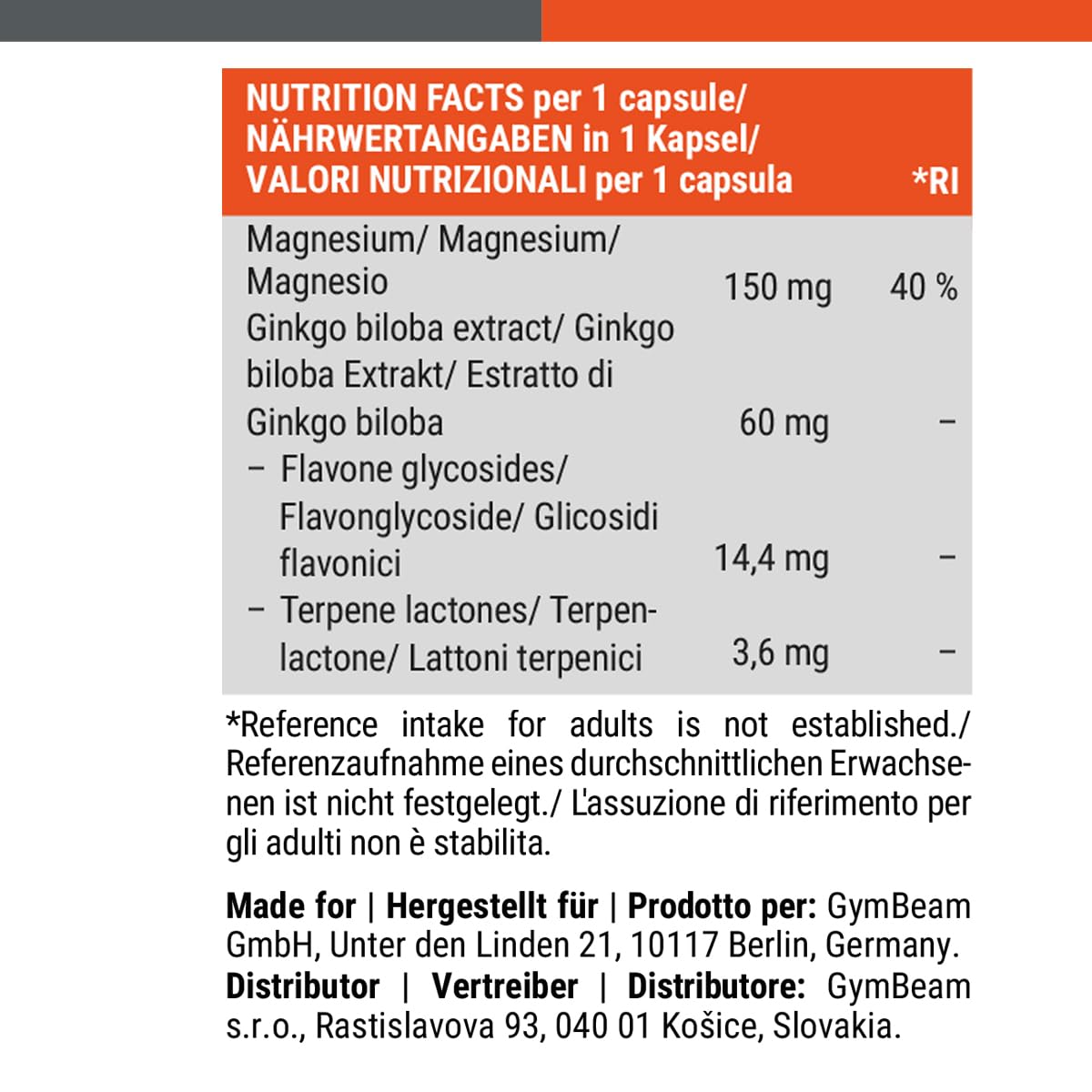 GymBeam Ginkgo Biloba e Magnesio Integratore 90 capsule, Riduce la Fatica, Aiuta la Sintesi Proteica, Implementa la Funzione della Psiche e del Sistema Nervoso - 60mg Ginkgo Biloba + 150mg Magnesio
