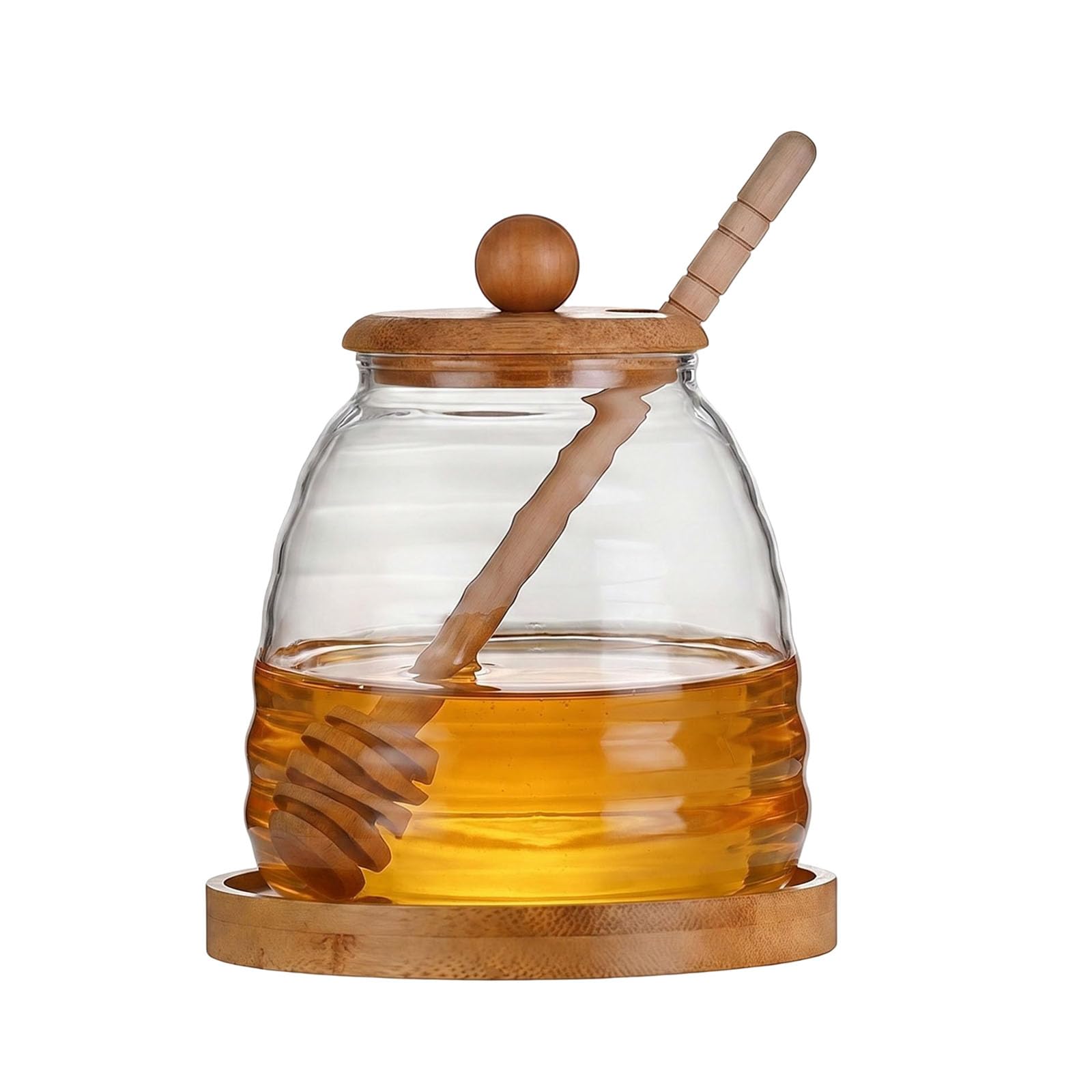 QUUPY 16.7Oz Glass Honey Jar with Dipper and Bamboo Lid Wide Mouth Syrup Containers Dispensers for Coffee Bar Home Kitchen Organization