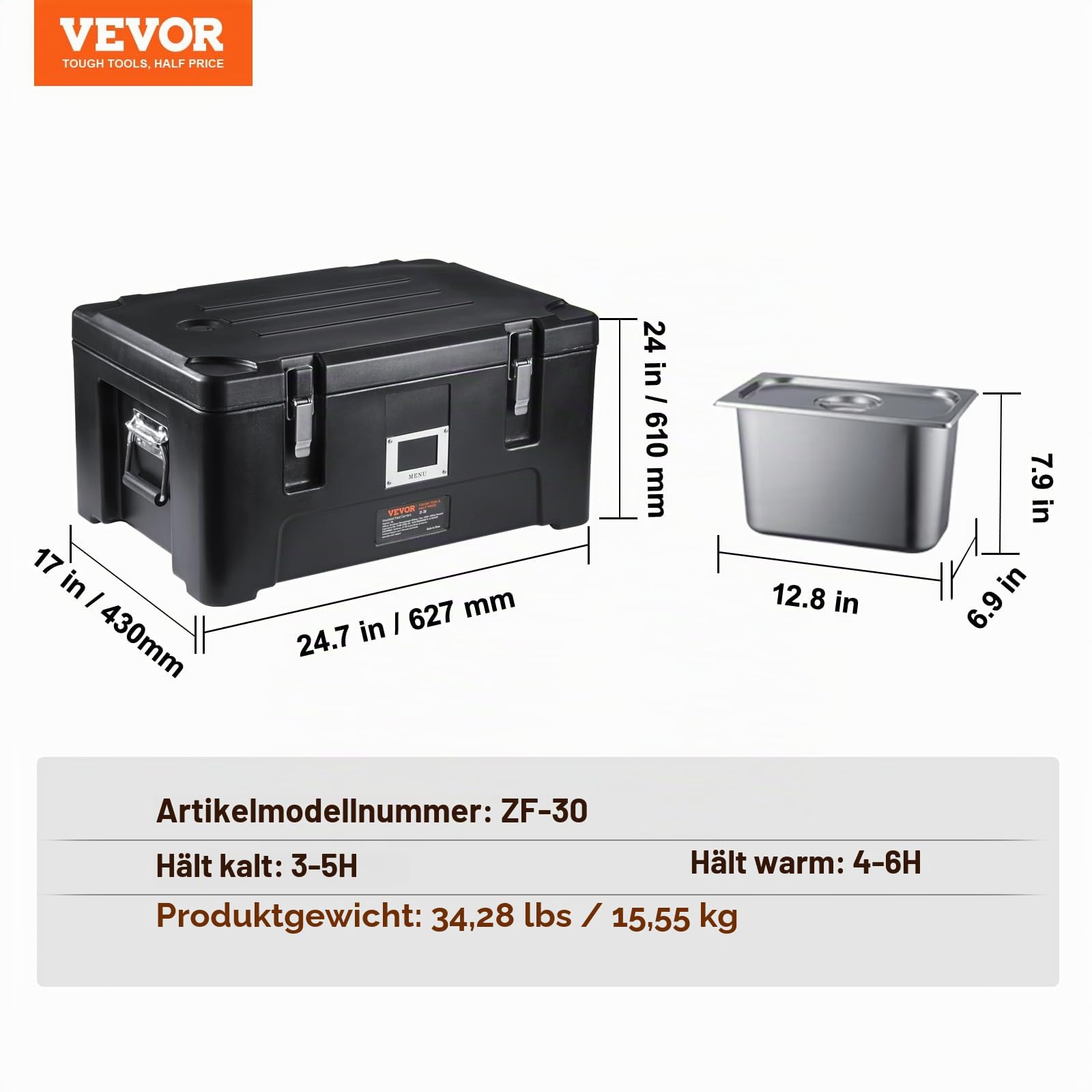 VEVOR Isolierter Thermobox Isolierbox Lebensmittelbehälterträger, 30 L für Catering, Tragbare LLDPE-Lebensmittelbehälterträger, Schwarz Frontlader-Speisewärmer für Restaurant, Kantine usw.