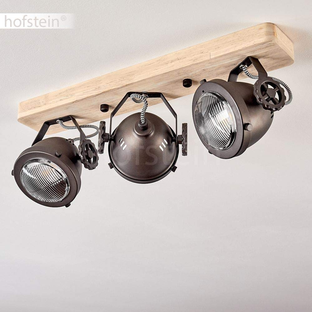 HOFSTEIN Deckenleuchte Herford, verstellbare Deckenlampe aus Metall/Holz/Glas in Natur/Braun/Klar, Leuchte im Industrial/Retro/Vinntage-Design, 3 x GU10, Esszimmmer, Schlafzimmer, Wohnzimmer, Küche
