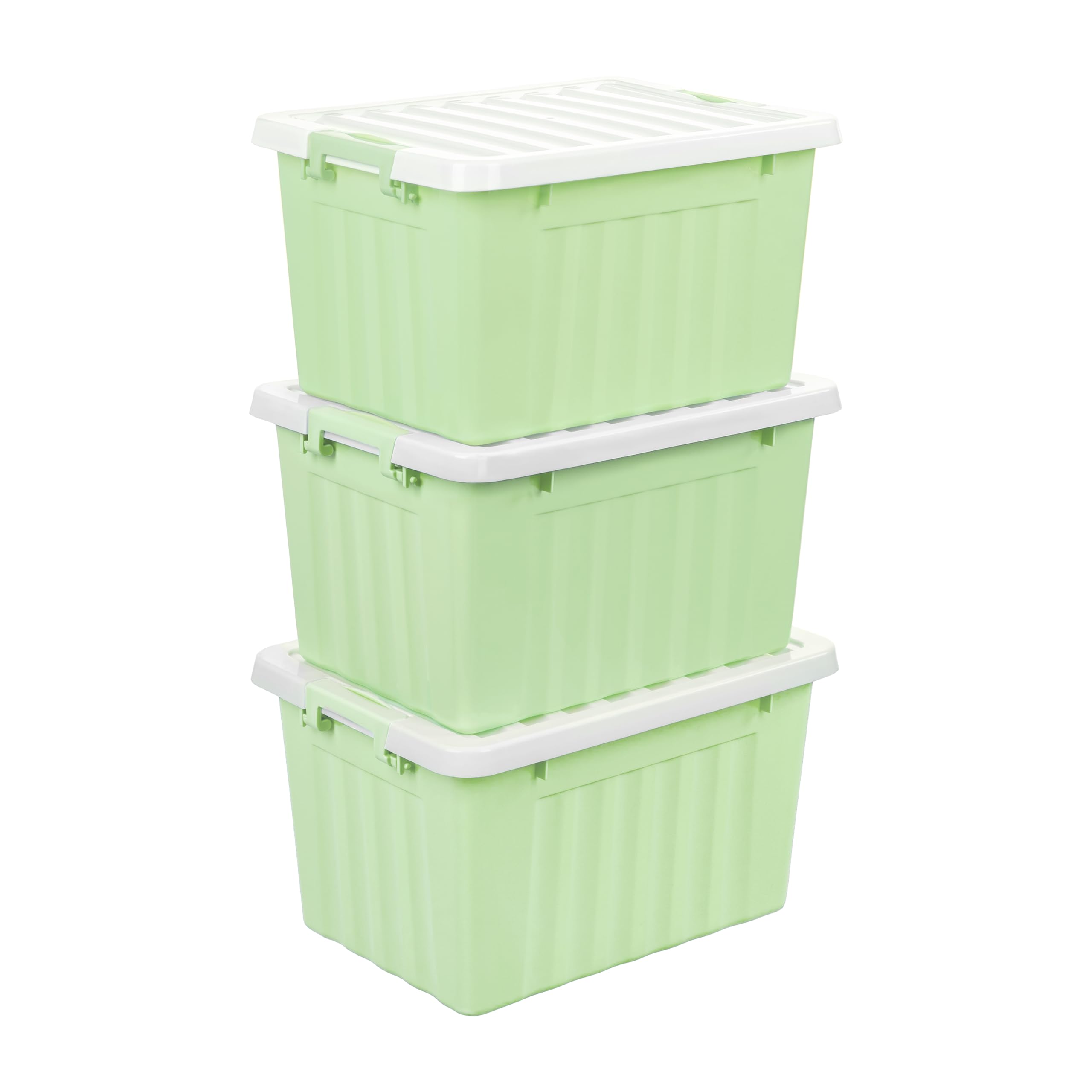 Cetomo 15L*3 Storage Boxes with Lids, Plastic Storage Box with Secure Side Latches, Stackable & Nestable Organizer for Home, Office, Moving, PP, Green, 15L-3 Pack
