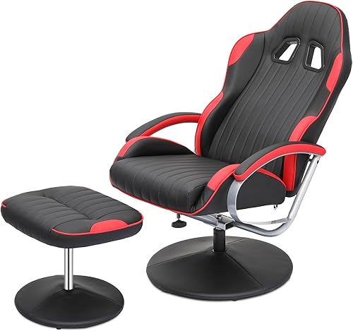 Magshion Sillón reclinable para juegos con otomana, espalda ajustable, giratoria, de piel sintética, con reposapiés, soporte lumbar, silla de