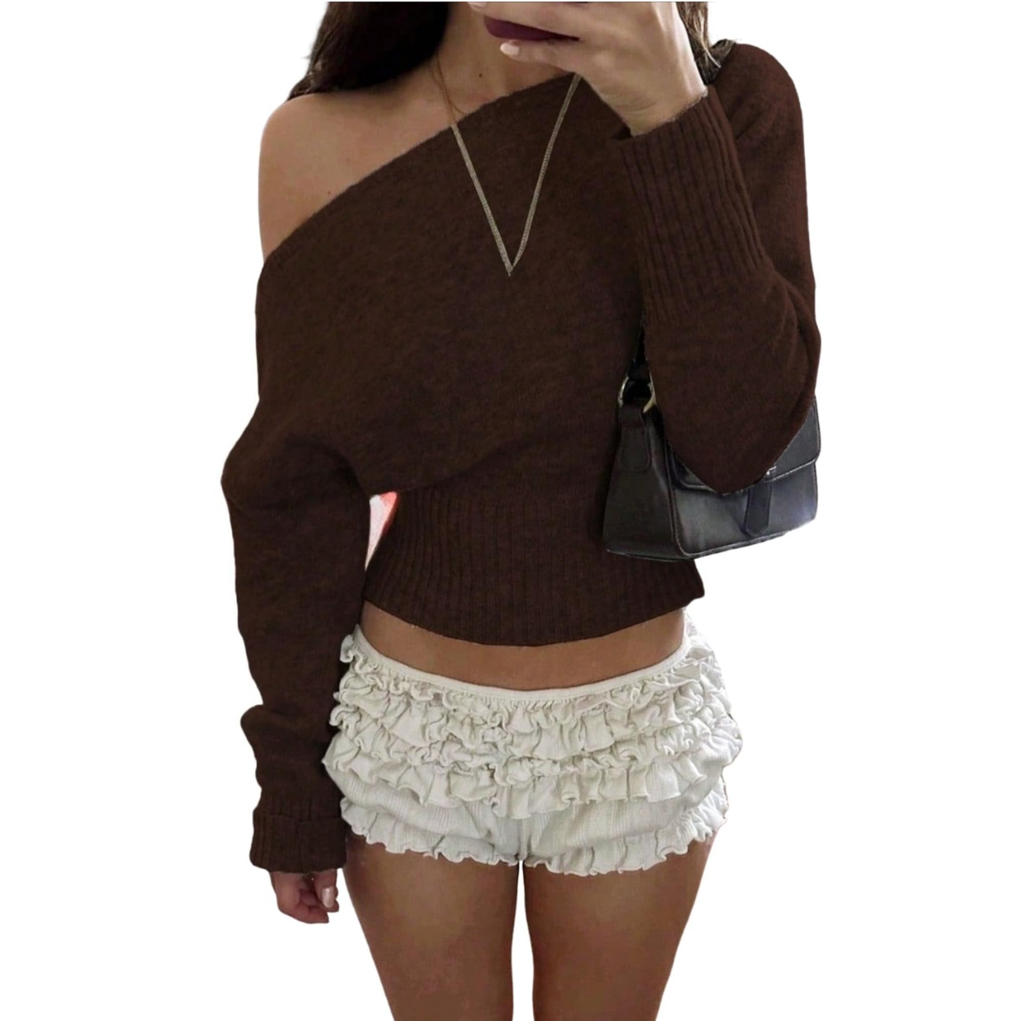 One Shoulder Crop Sweater Women Coquette Y2k Fairy Grunge Knit Top 2000s Vintage Clothes Streetwear