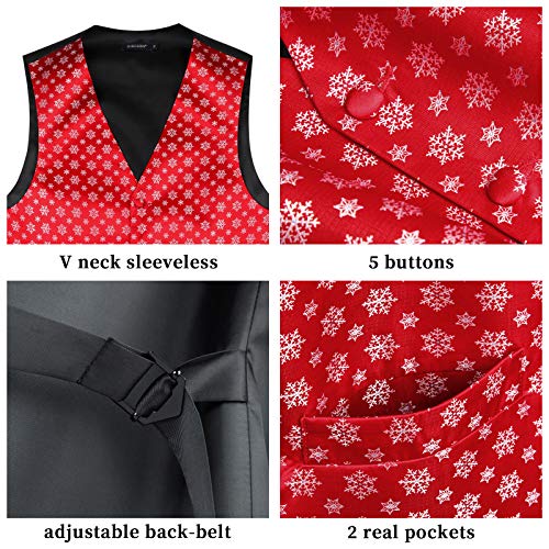 HISDERN Men's Suit Vest Christmas Holiday Season Party Jacquard Waistcoats Necktie Pocket Square Vest Suit Set4