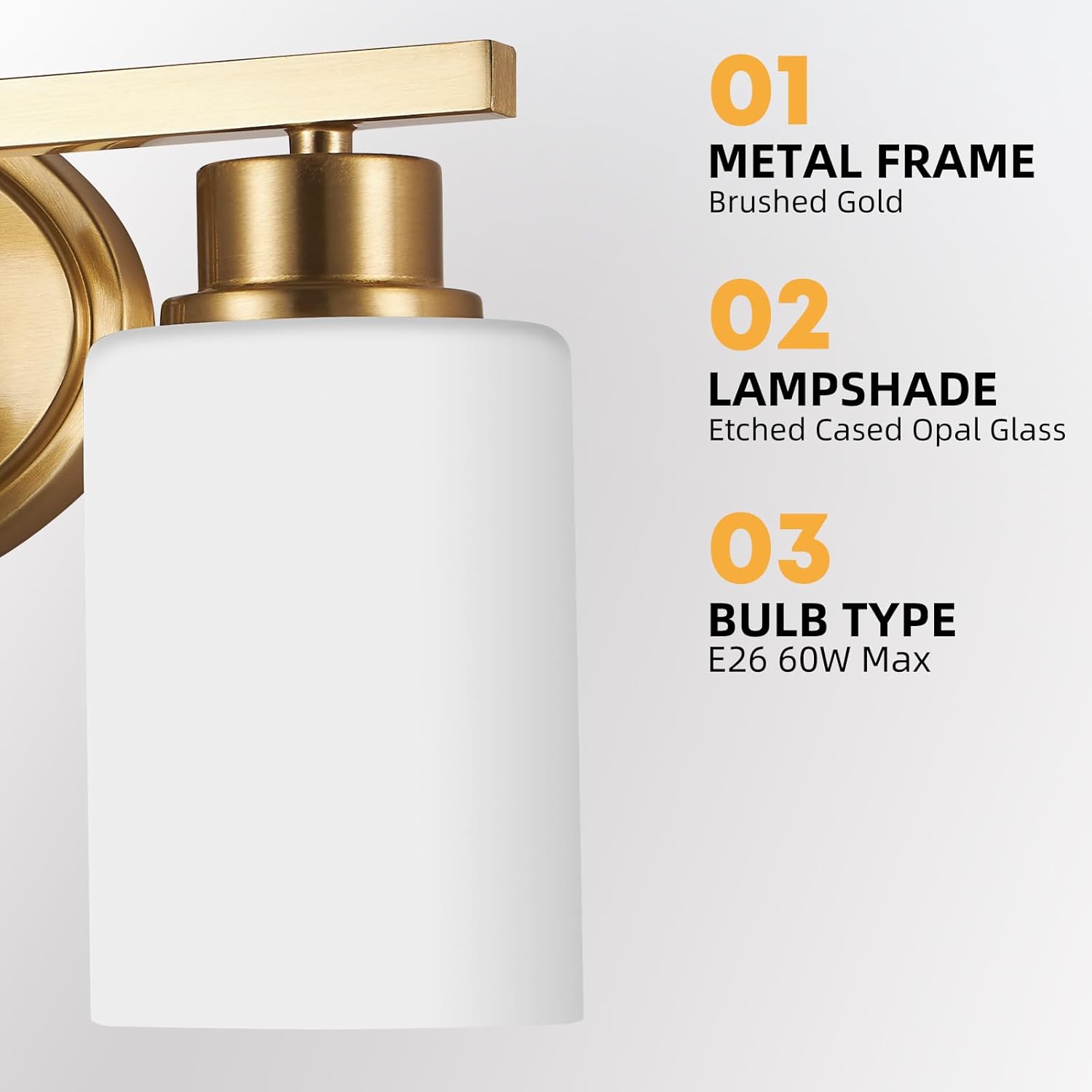 Modern Rustproof Bathroom Light - Over Mirror, 2 Light Brushed Gold Vanity Light Wall Mount, Etched Opal Glass