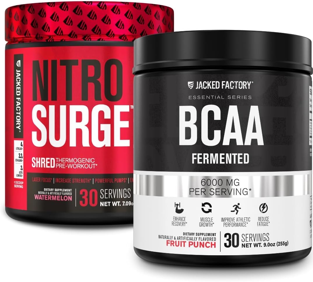 Jacked Factory Nitrosurge Shred Thermogenic Pre-Workout in Watermelon & BCAA in Fruit Punch for Body Recomposition, Muscle Building and Recovery