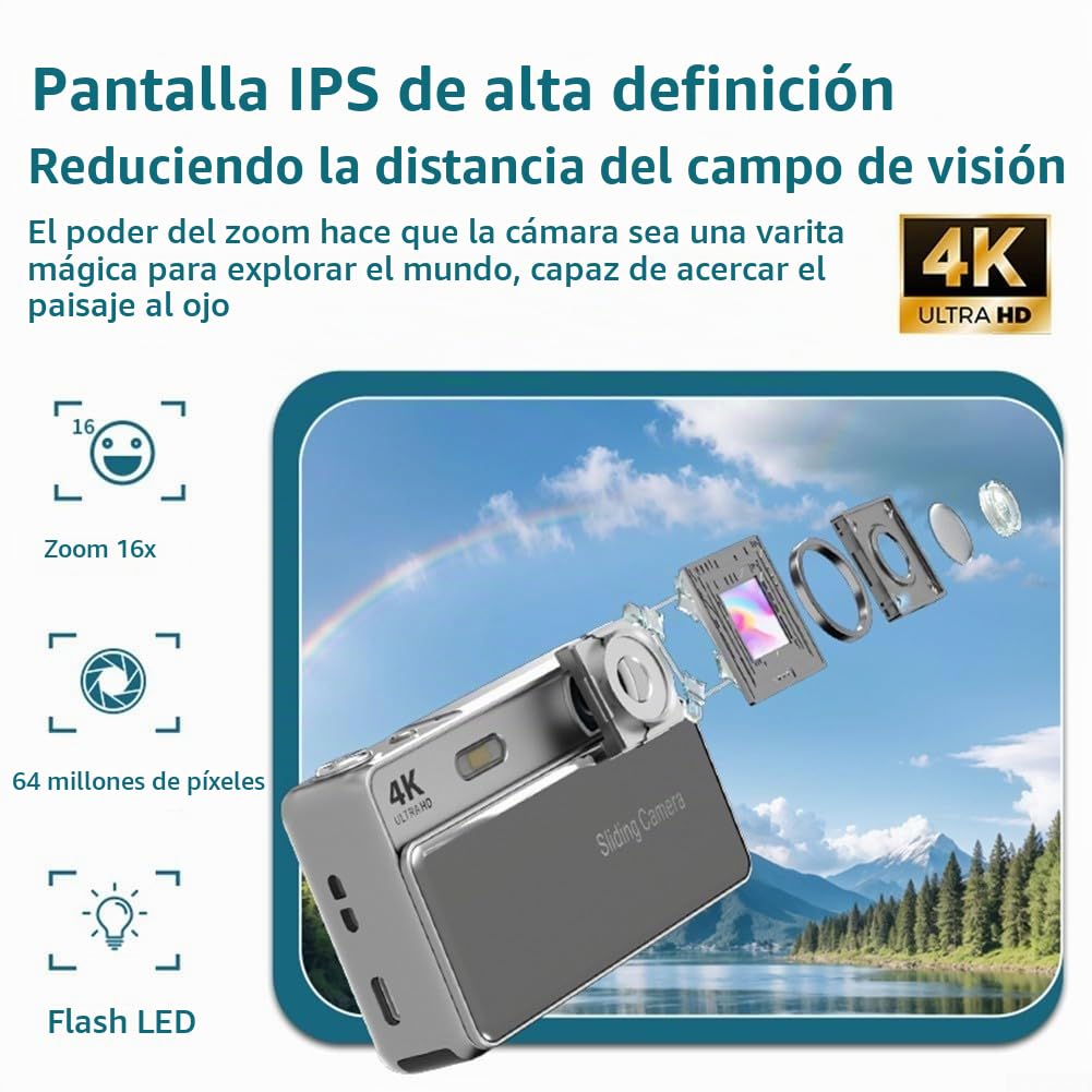 Cámara digital deslizante compacta 64mp con zoom digital 16x grabación de vídeo 4k pantalla HD de 2.8 pulgadas estabilización electrónica carga tipo-c cuerpo metálico para estudiantes entusiastas de