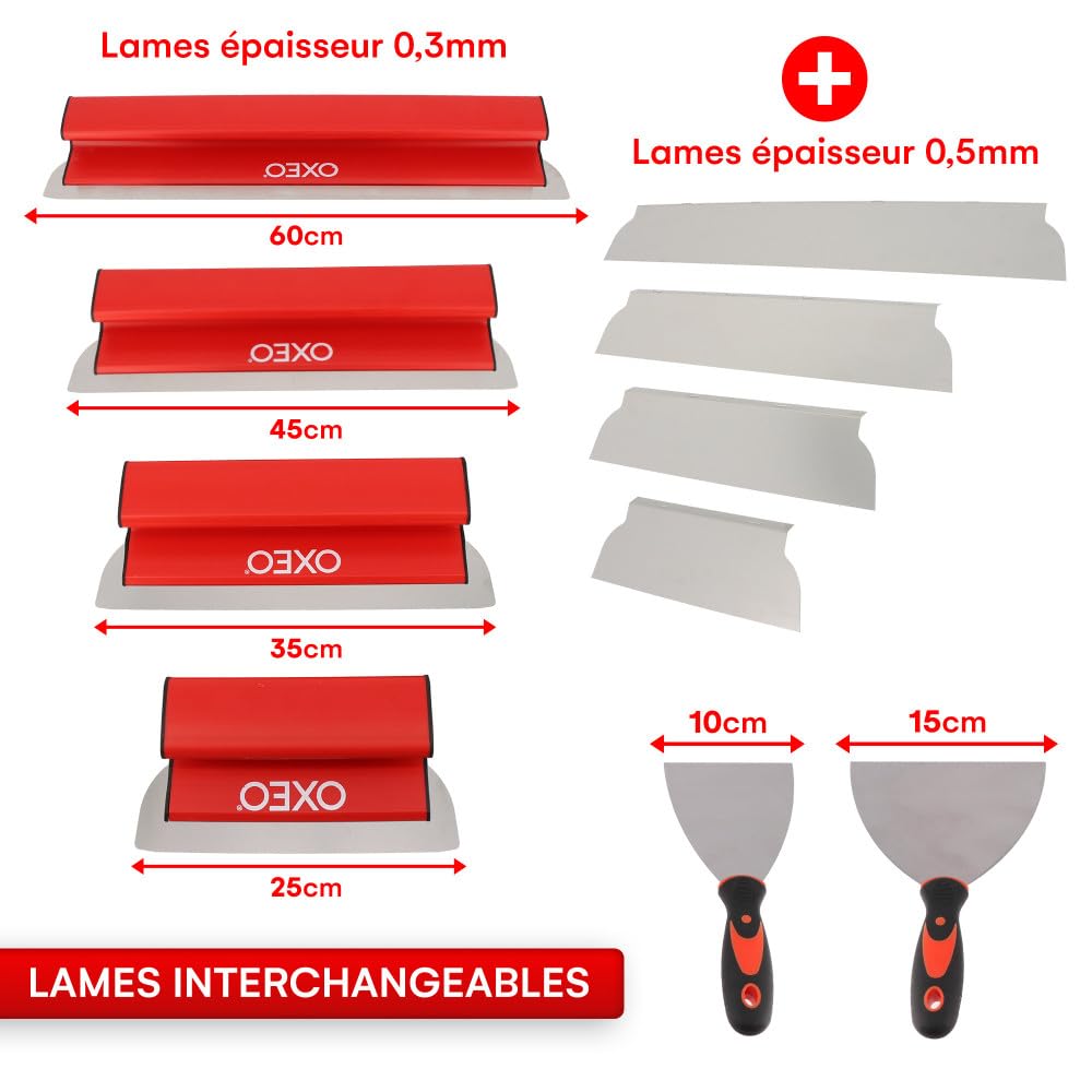 Lames à Lisser plaquiste - Coffret lames 0.35mm et 0.5mm - Acier inoxydable - Perche extensible - Lames souples et rigides