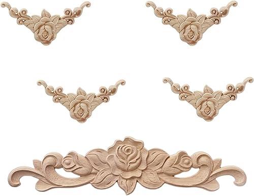 5 piezas de apliques de madera sin pintar Onlays para puerta de cama, armario, muebles, decoración tallada en madera, apliques de madera de color