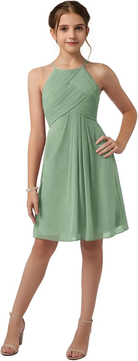 Halter Neck Short Junior Bridesmaid Dresses for Wedding Pleated Chiffon Flower Girl Dress Knee Length Formal Dress