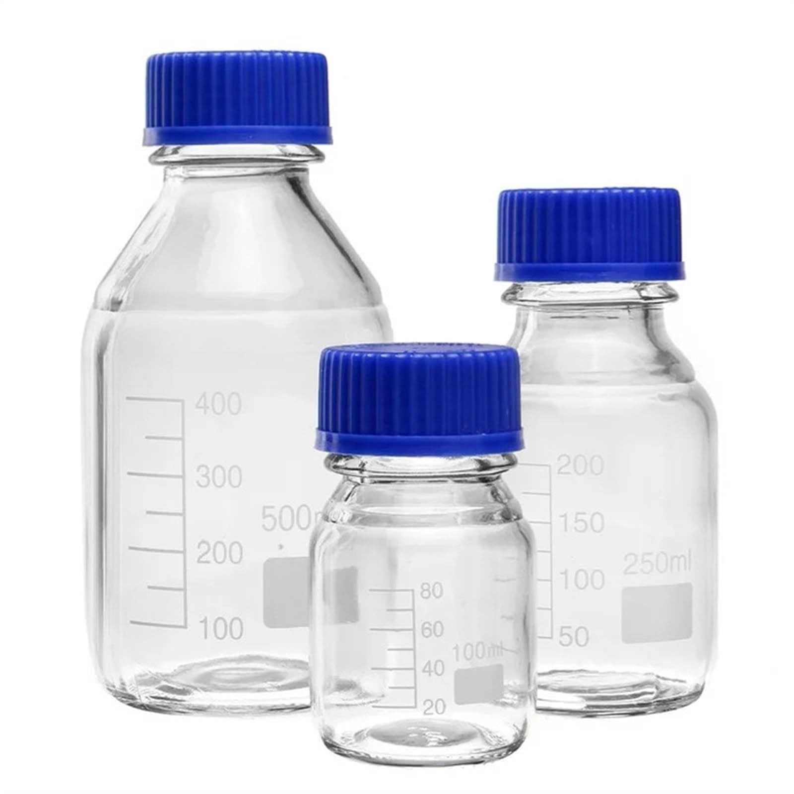 Botella de reactivo de vidrio de borosilicato de laboratorio transparente de 100ml 250ml 500ml 1000ml con tapa azul de tornillo