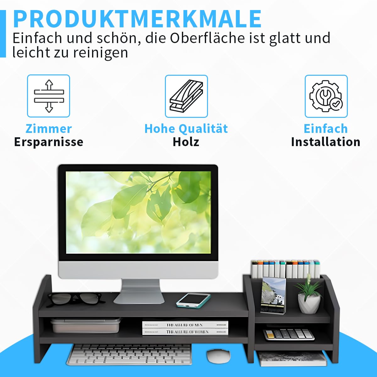 Fleau Home Monitorerhöhung – Laptopständer – Laptoperhöhung – Schreibtisch-Organizer – Bildschirmerhöhung – Holz (Schwarz)