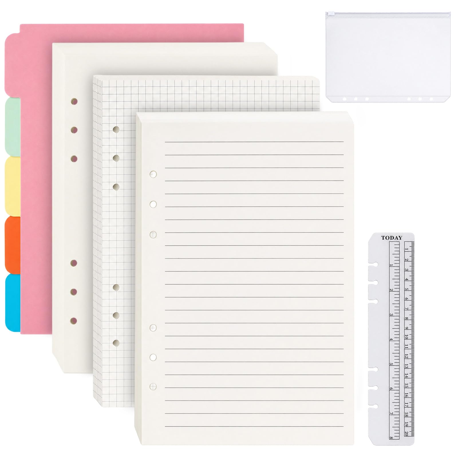 A5 Refill Paper, 180 Sheets 6 Holes A5 Binder Refills with 5 Color Subject Dividers, Zipper Pocket and Ruler, A5 Lined Paper with 3 Styles, A5 Ring Binder Inserts for Organizing Notes, Studying