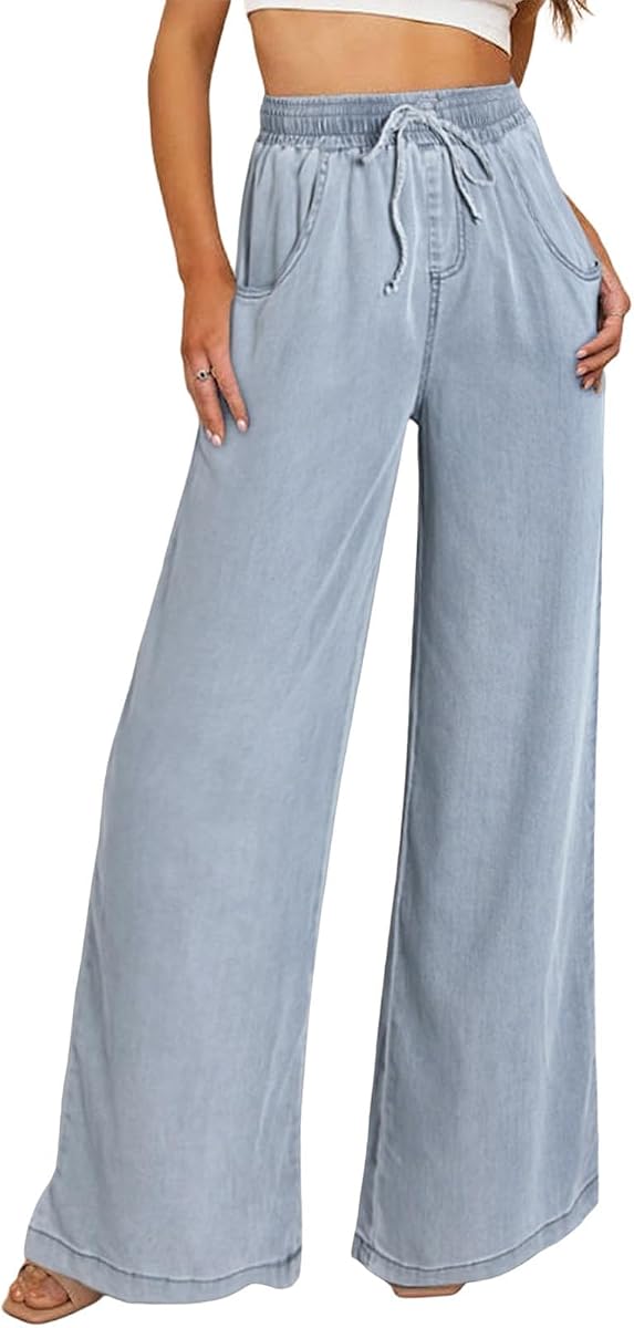 Women's Drawstring Wide Leg Jeans High Waisted Loose Fit Denim Pants