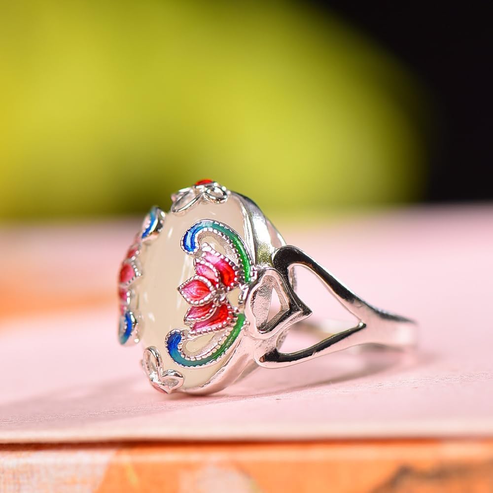 S925 Silver-Inlaid Natural White Jade Enamel Lotus Ring Opening Adjustable Including Certificate 1