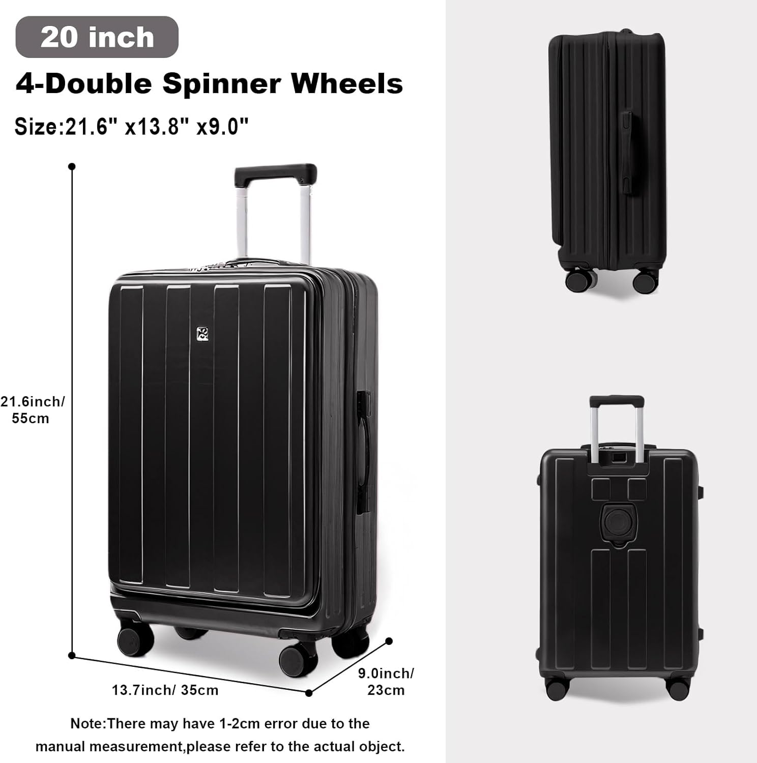 Gets Carry on Luggage Airline Approved,20 Inch Abs+Pc Hardshell Spinner Luggage With Cup Phone Holder and USB Charger,Front Pocket Durable Suitcase for Women Men-Black