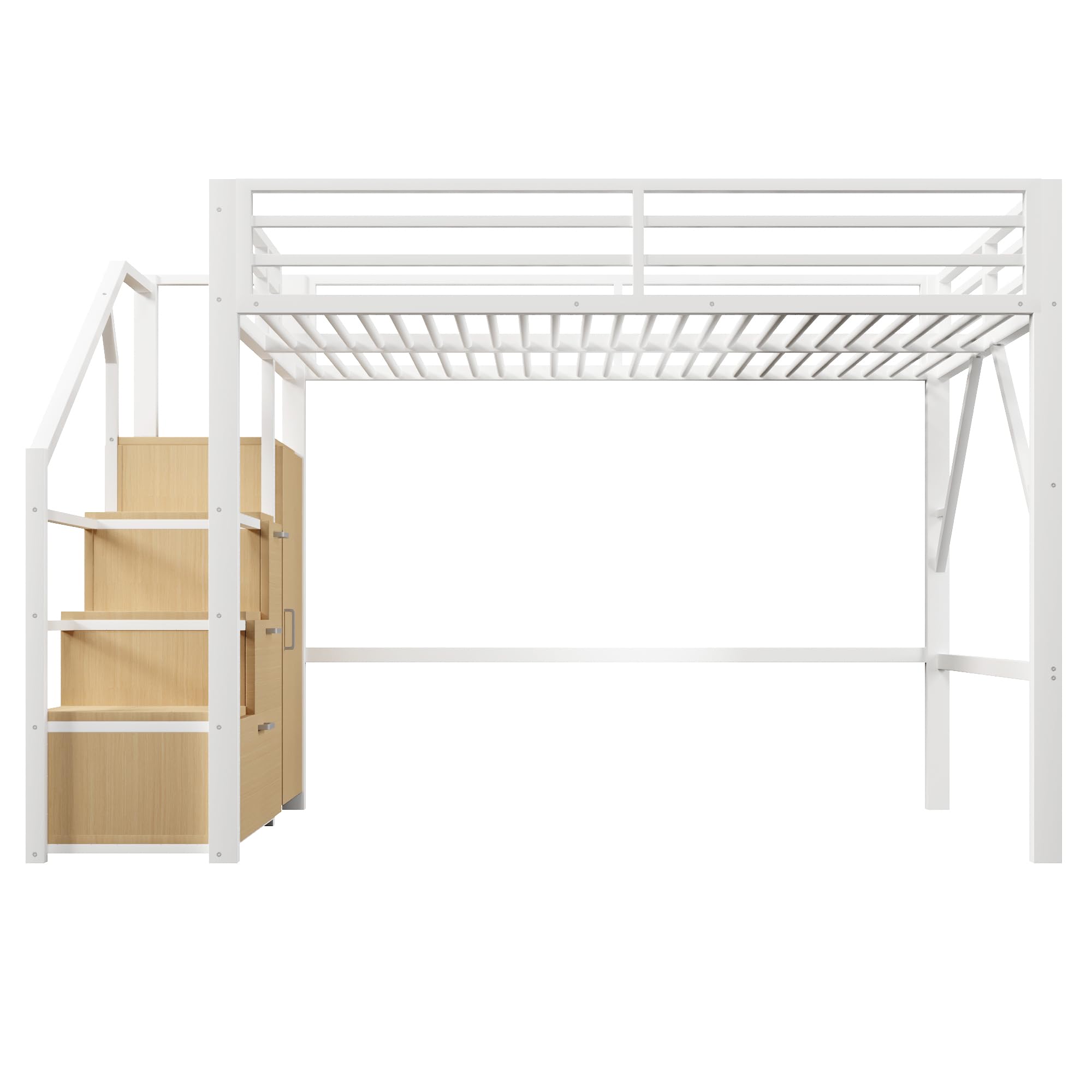 Zepneiy - Cama entrepiso con iluminación LED, 140 x 200 cm, cama entrepiso de metal, con compartimentos de almacenamiento y armario, cama doble con marco de hierro, color blanco (colchón no incluido)