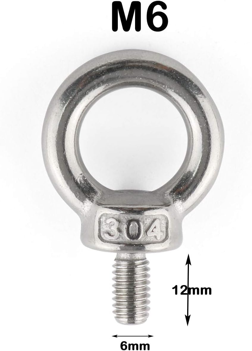 E-outstanding Eyebolt 6PCS M6x12 Male Thread Machinery Shoulder Lifting Ring Eye Bolt with M6 304 Stainless Steel Nylon Lock Nuts