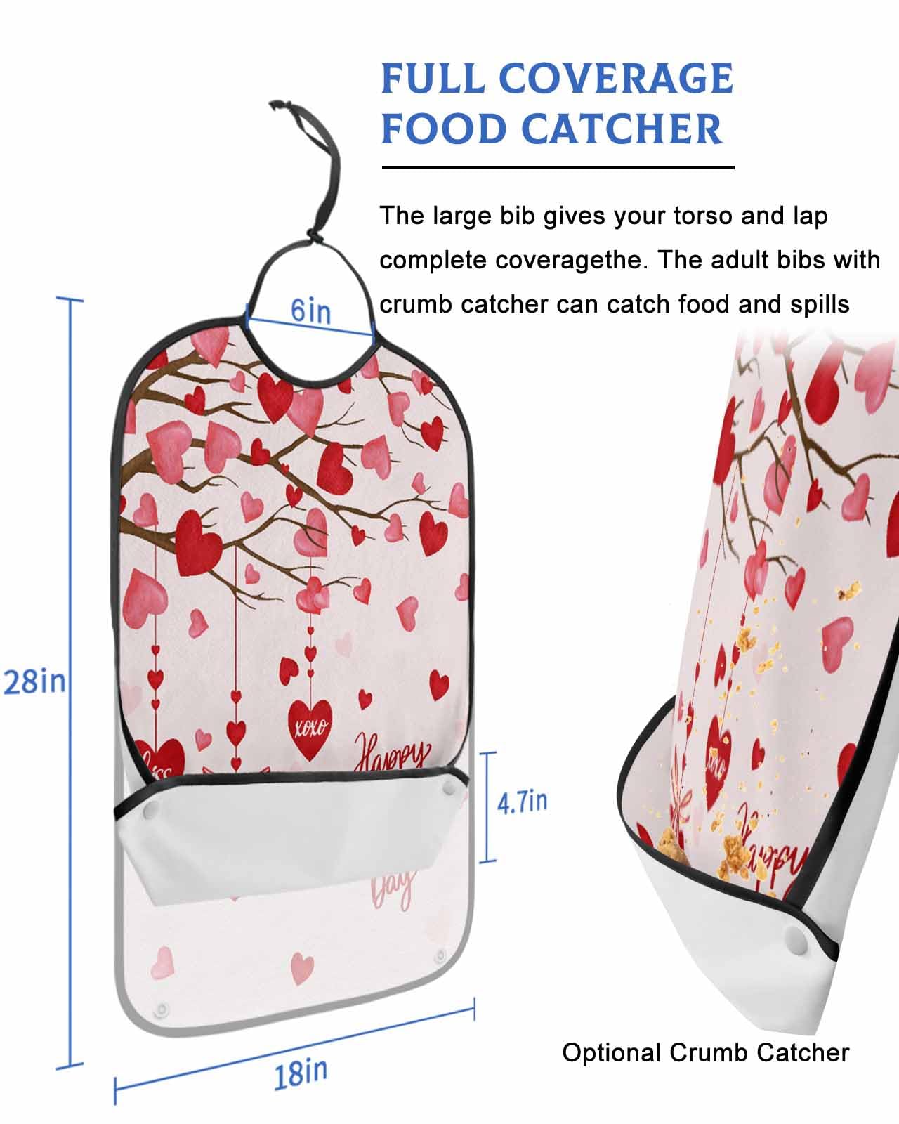 LEOKOTI Valentines Day Adult Bibs for Eating, Waterproof Bibs with Food Catcher & Adjustable Snap Closure, Pink Red Love Heart Tree Washable Clothing Protectors Adult Bibs for Elderly Women/Men