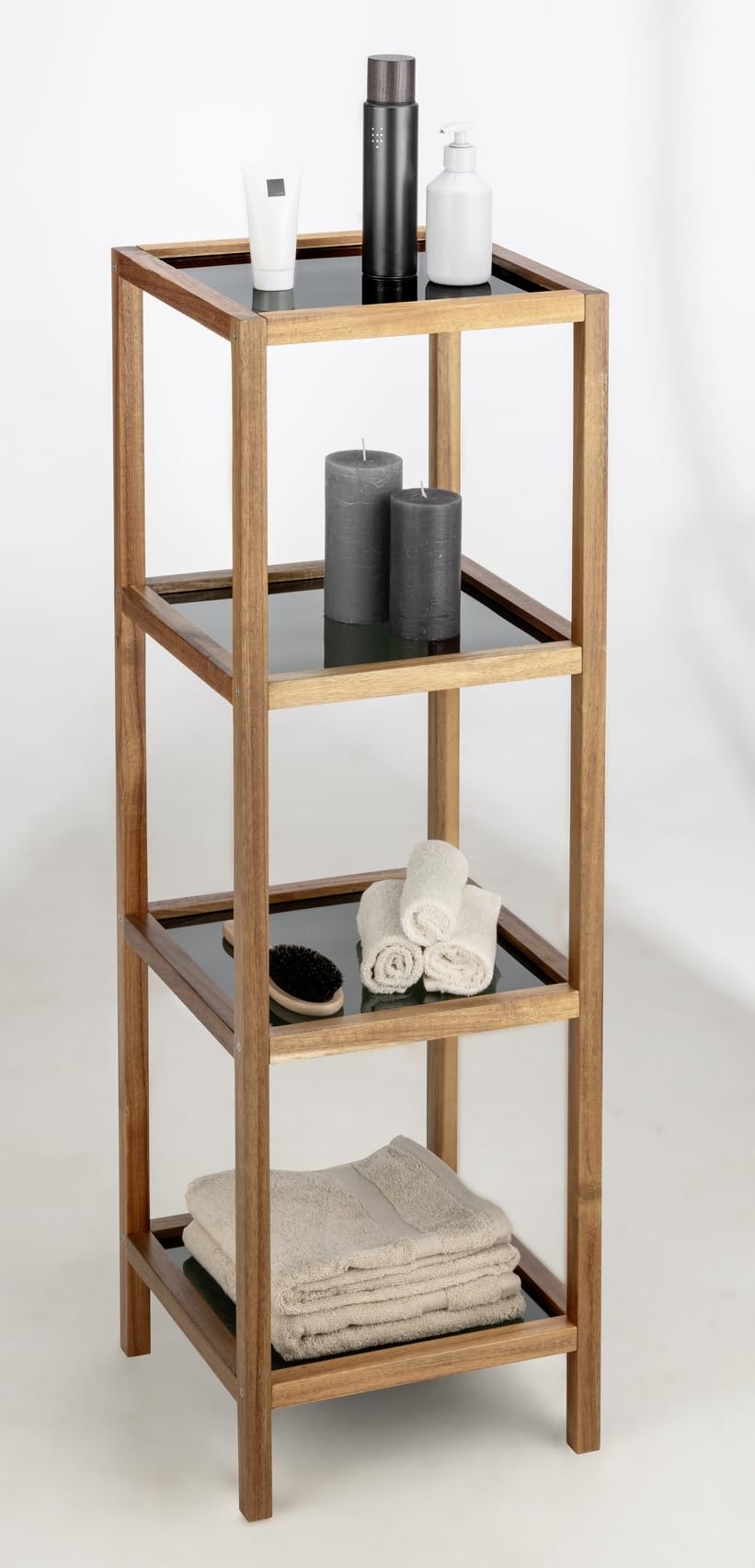 WENKO Fondi - Estantería para baño y salón (Madera de Acacia Maciza, 4 estantes, 36 x 112 x 36 cm), Color Negro