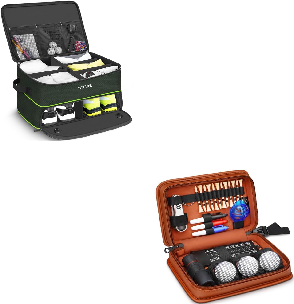 YOREPEK 2 Layer Golf Trunk Organizer Storage for 2 Pair Shoes Green Golf Accessories Kit for Men