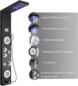 Stainless Steel Shower Panel Tower System,LED Shower Head 6-Function Faucet Rain Massage System with Body Jets, Black