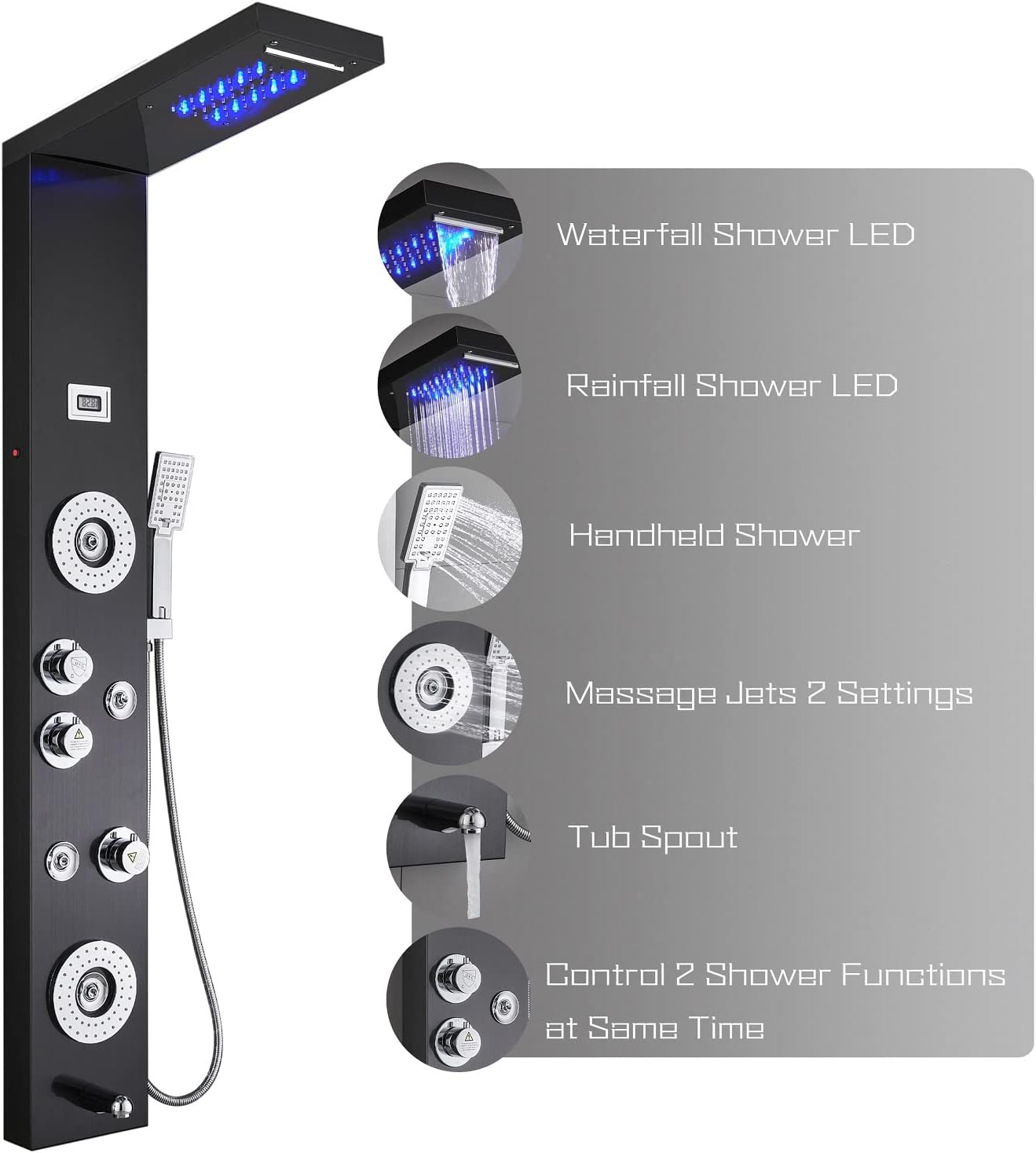 Stainless Steel Shower Panel Tower System,LED Shower Head 6-Function Faucet Rain Massage System with Body Jets, Black