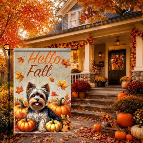 Image of BlissYard Hello Fall Yorkie Garden Flag Dog Pumpkin Decor 12x18 Inch | Double sided polyester, Yorkie pumpkin artwork, playful farmhouse charm for Thanksgiving porch and yard displays