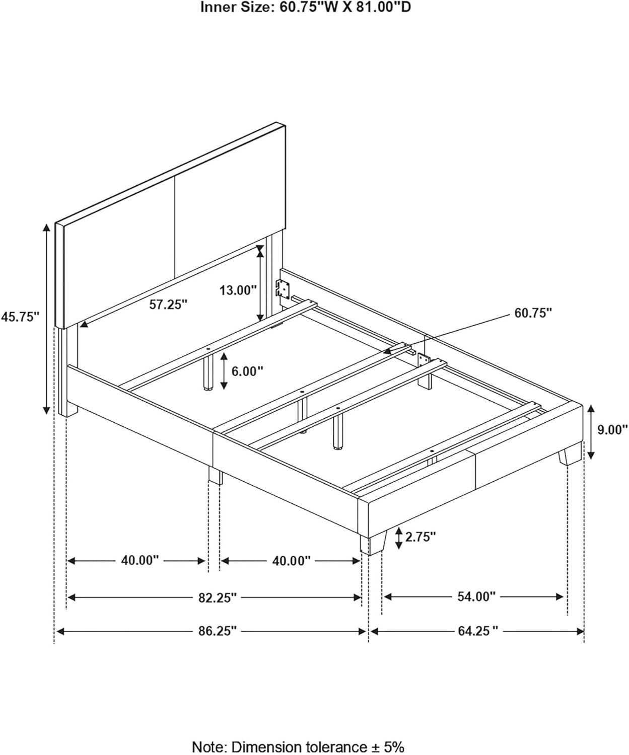 Grey Queen Panel Bed with Faux Leather Upholstery, Padded Headboard, Transitional Modern Design, Bedroom Furniture, Grey, 64.25W x 86.25D x 45.75H in