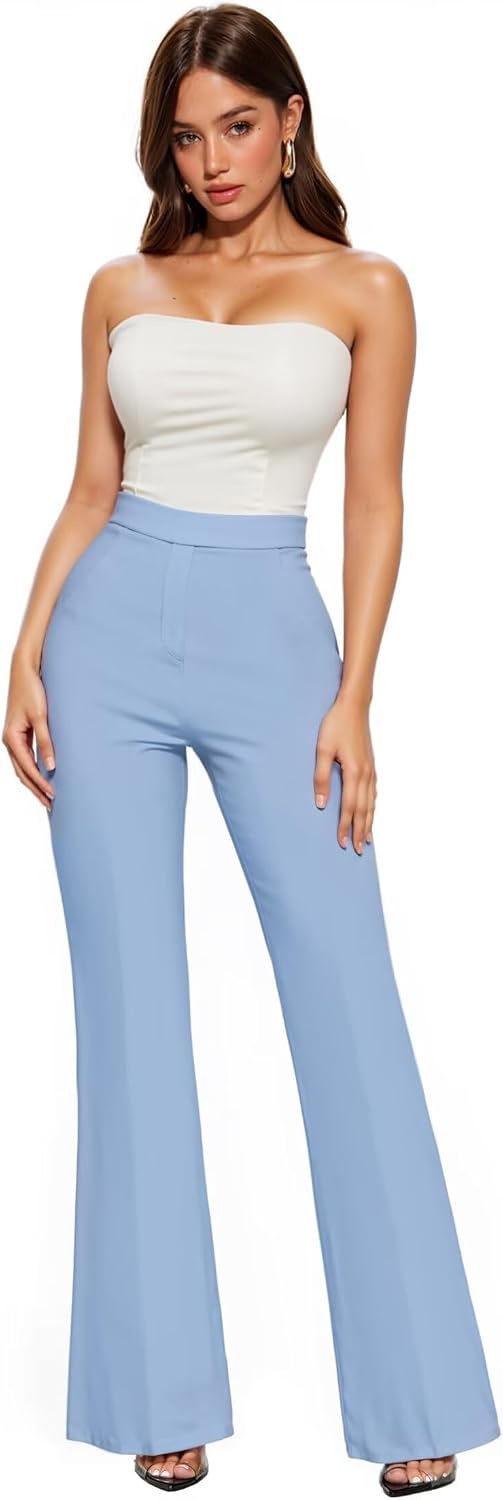 Hybrid & Company Women's Office Flare Pants | High-rise stretch ponte fabric, pull-on design, faux pockets, wrinkle resistant finish, suitable for office and casual wear