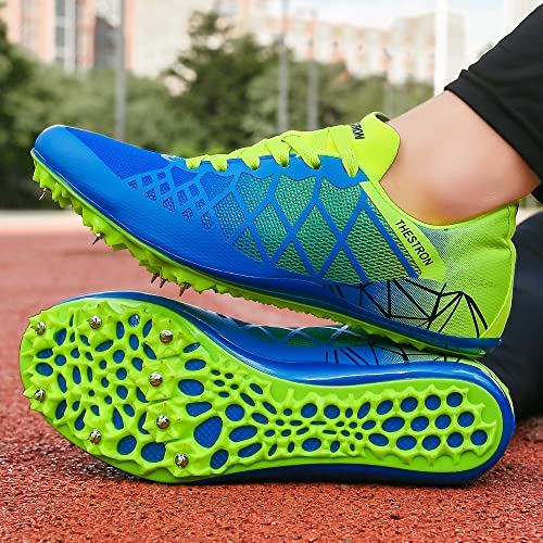 Men Women Kids Track & Field Shoes Professional 8 Spikes Sprint Running Racing Sneakers (10,Blue Green) #TOP5