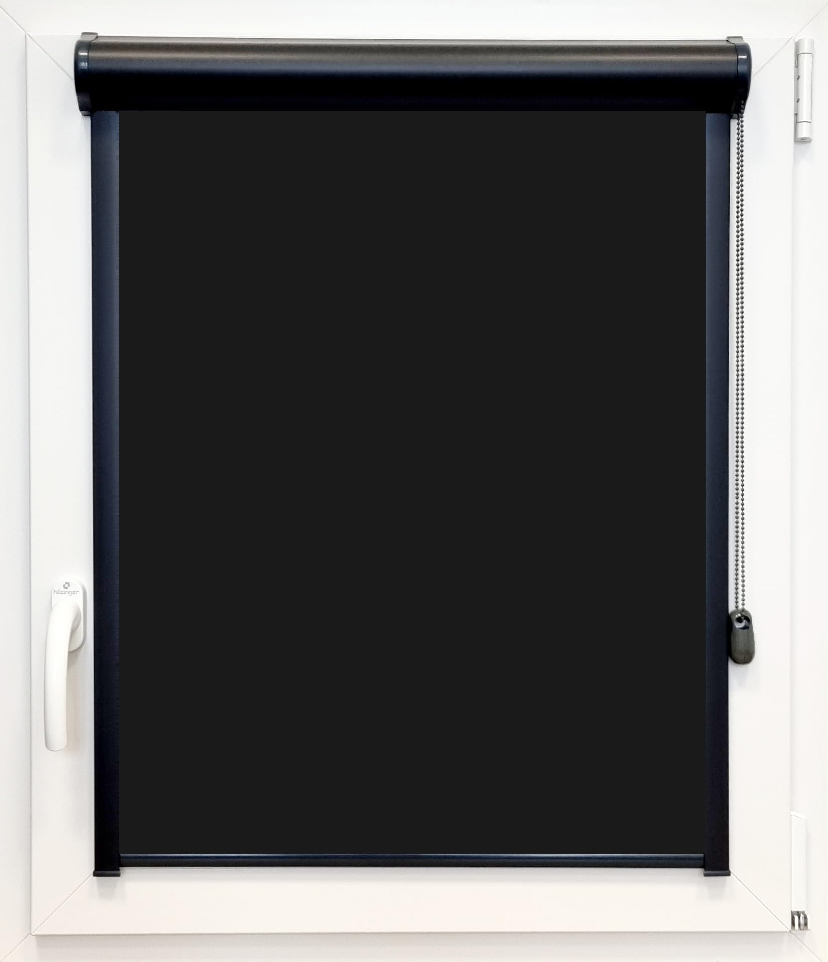 Thermorollo mit Kassette Verdunkelungsrollo ohne Bohren Seitenzugrollo Fensterrollo Türrollo Sonnenschutzrollo Rollo, Breite: 75 cm, Höhe: bis 150 cm, Kette rechts, Schwarz