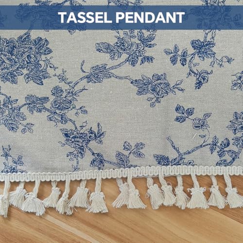 Image of HASTHIP Floral Table Cloth - 150x180cm Blue Linen with Tassel, Rustic Elegant Cotton-Linen Blend Dining Table Cover, Decorative Protector for Kitchen, Dining Room & Outdoor Use