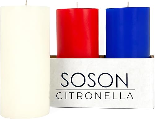 Simply Soson Colorerd - Juego de 3 velas perfumadas de citronela de 3 x 6 pulgadas, color rojo, blanco, azul, citronela, para exteriores, paquete a