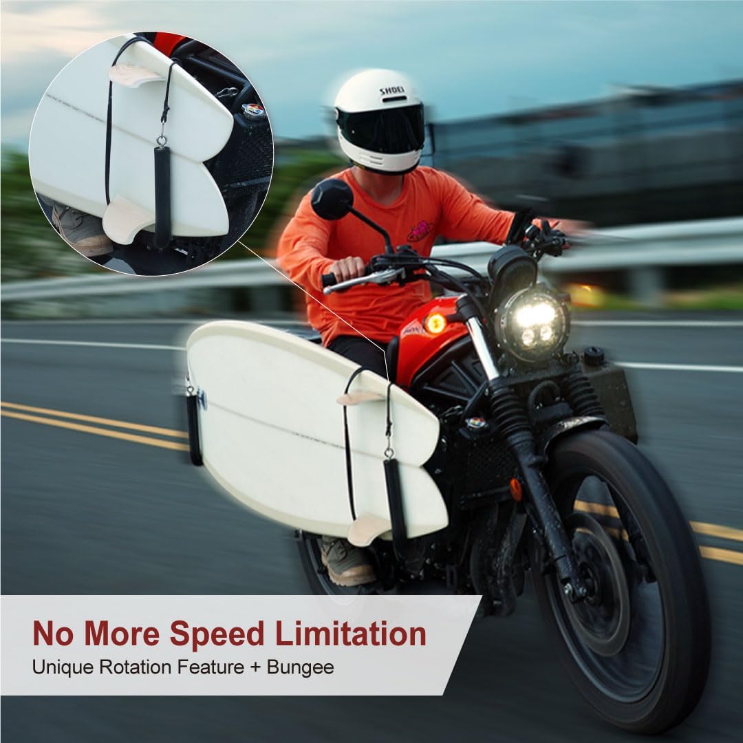 Motorcycle Surf Board Rack for Yamaha Tenere700, Surfboard Bike Rack Rotation Design & Bungee to Ensure Safety of Surfboards, Extension & Detachable Design for Leg Space and Easy Storage