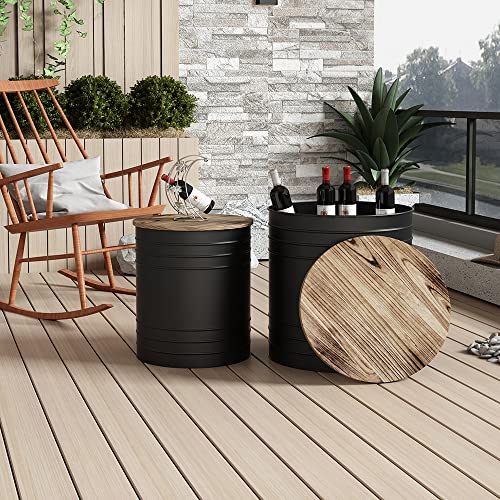 Jurmalyn Metal Outdoor Side Table With Storage, Rustic Barrel Side Table Farmhouse End Table Set Of 2 Outdoor Stool Ottoman With Wood Lid Black #TOP2