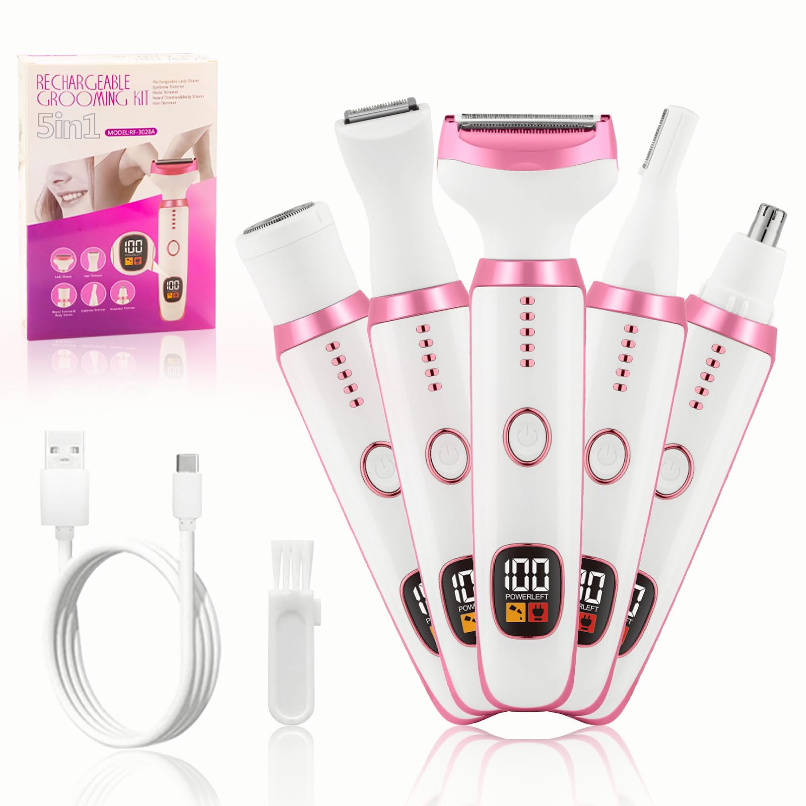 Máquina de Afeitar Eléctrica para Mujer, 5 en 1 Máquina de Afeitar Eléctrica para Mujer, Rasuradora Íntima Sin Dolor, para Bikini, Axilas, Piernas, Cejas y Nariz, con Pantalla LED, Carga USB