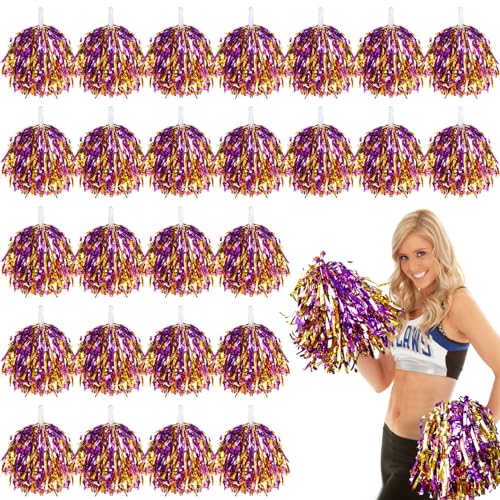 VAIPI 48 Pack Cheerleading Pom Poms Kit with Baton Handle Metallic Foil Squad Team Spirited Fun Cheer Pom Poms Bulk for Kids Adults Cheerleader Gifts Team Spirit Sports Party