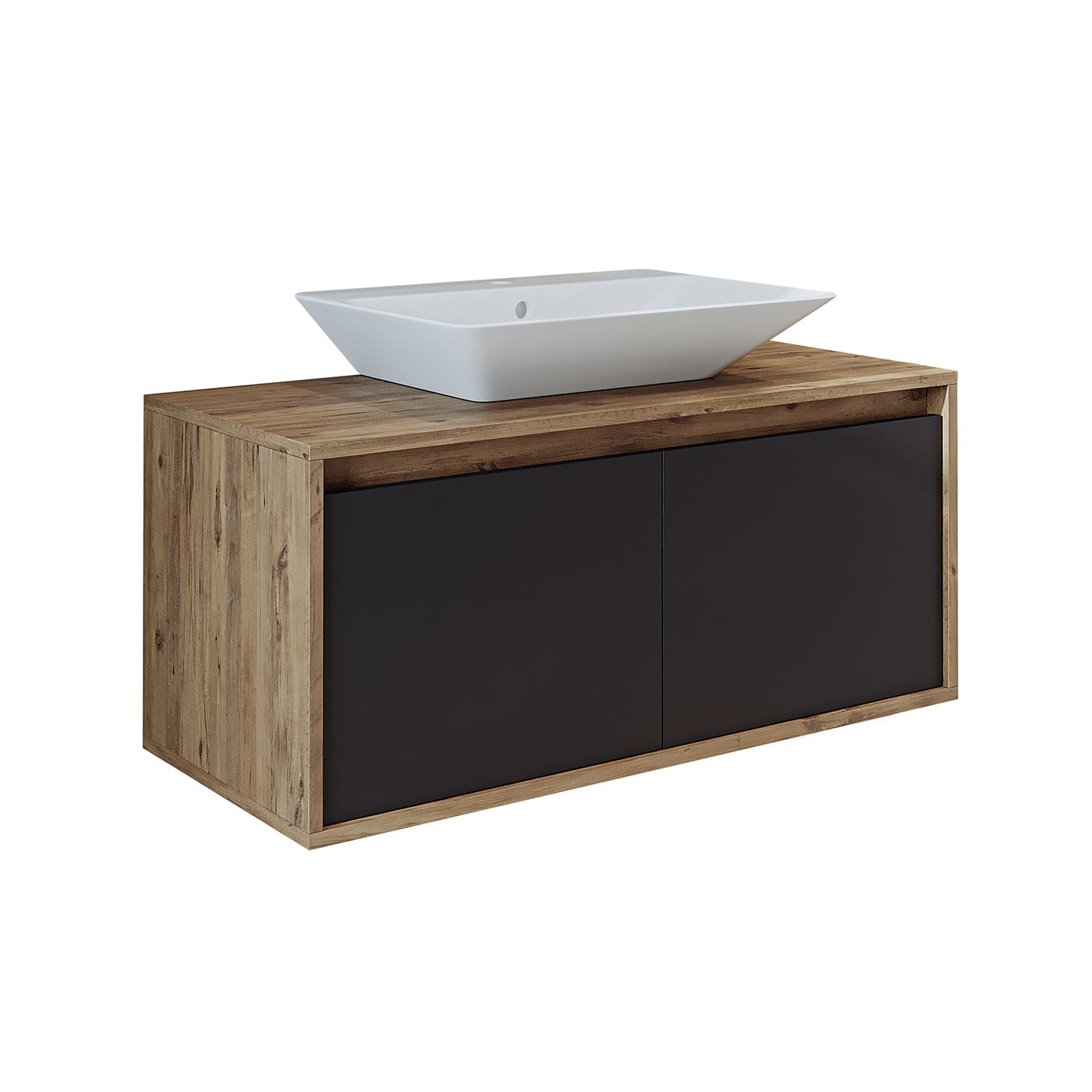 ROOMART • Badezimmermöbel Set • Atlantic • 4 Teilig Badezimmerschrank • 100 cm Unterschrank mit Keramikwaschbecken • Spiegelschrank • Hochscrank (Anthrazit Eiche, Waschbecken mit Unterschrank)