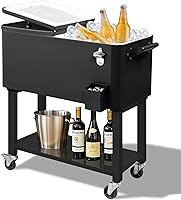 Vista 9 de Outvita Hielera Rodante de 80 Cuartos, Enfriador Portátil de Bebidas para Bar con Bandeja Colectora, Bandeja de Almacenamiento Inferior