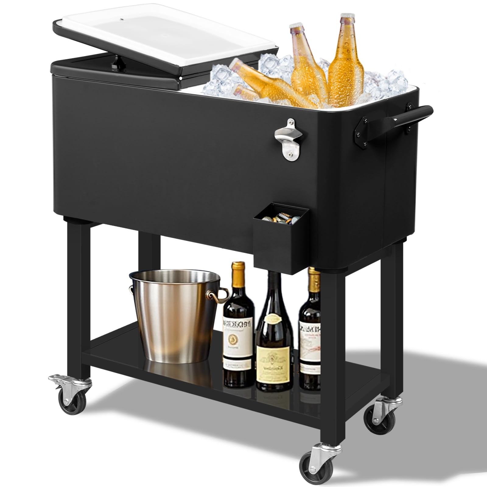 Outvita 80 Quart Rolling Ice Chest, Portable Bar Drink Cooler with Catch Basin, Bottom Storage Tray and Bottle Opener for Patio Party BBQ Beach Activities