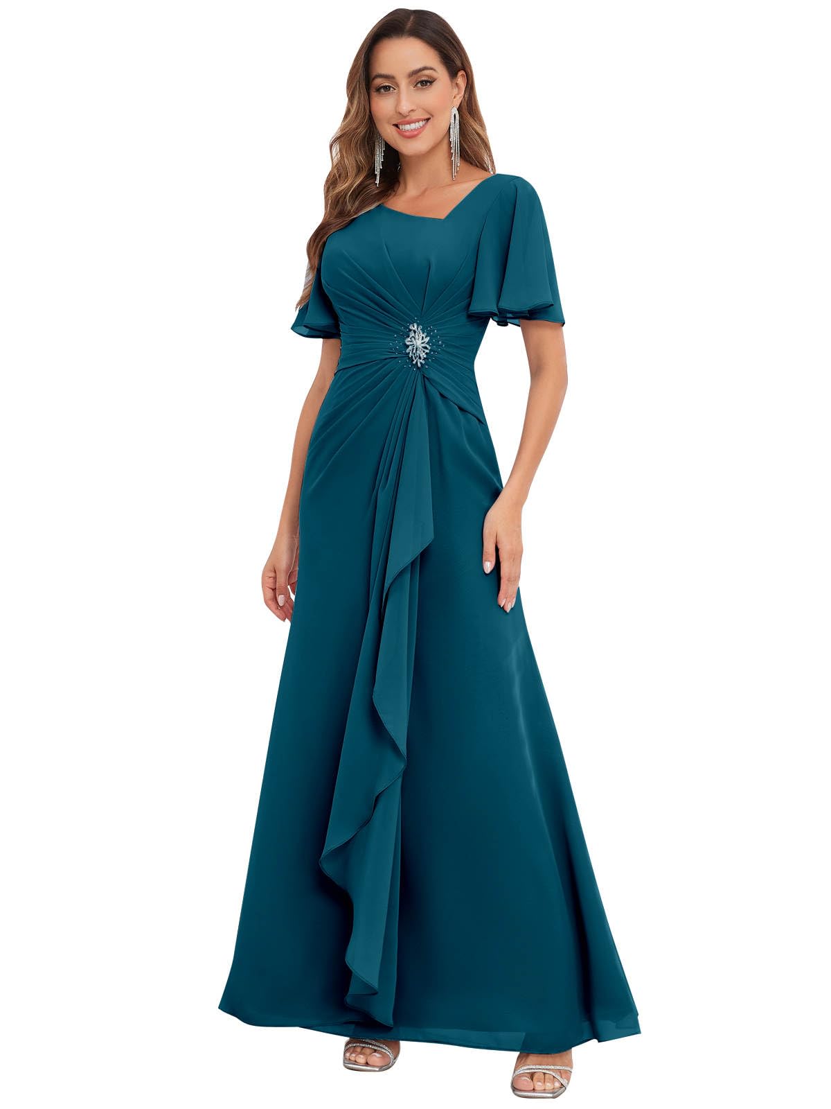HANVAIOS Mother of The Bride Dresses for Wedding Long Chiffon V-Neck Formal Dress with Sleeves