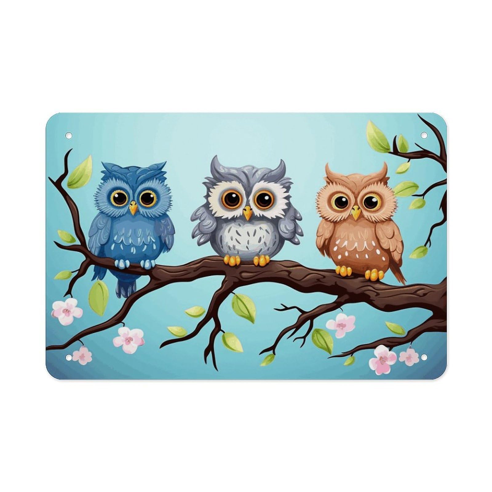 Owls on A Branch Metal Tin Sign 12"x8" Wall Art Prints Poster Decorative Picture Metal Signboard Decor Painting Folded Edge Iron Sheet Painting with Holes for Wall Decor