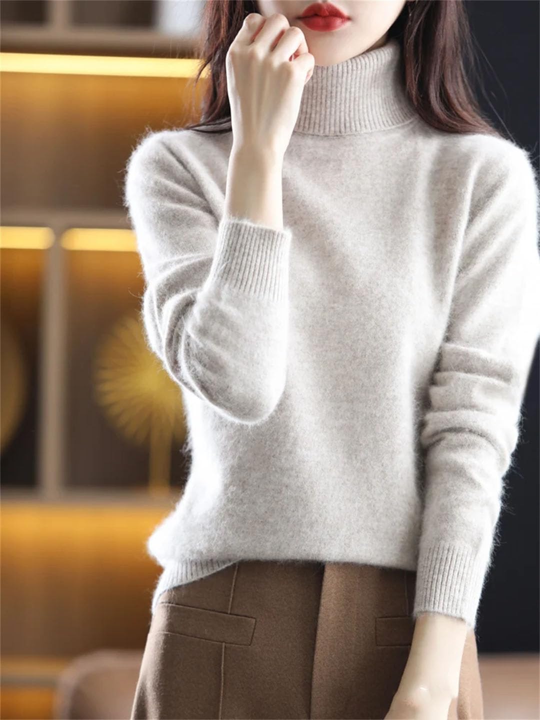 Jerseys De Punto De Cuello Alto De Cachemir Liso De Manga Larga para Mujer