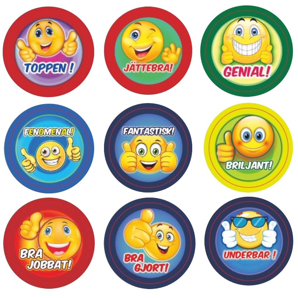 Pegatinas Infantiles Emoticonos Recompensa Sueco – 10 Hojas con 540 Pegatinas Decorativas Adhesivas Pequeñas Redondas Smile, Stickers Emoji con Frases Motivadoras para Niños, Profesores