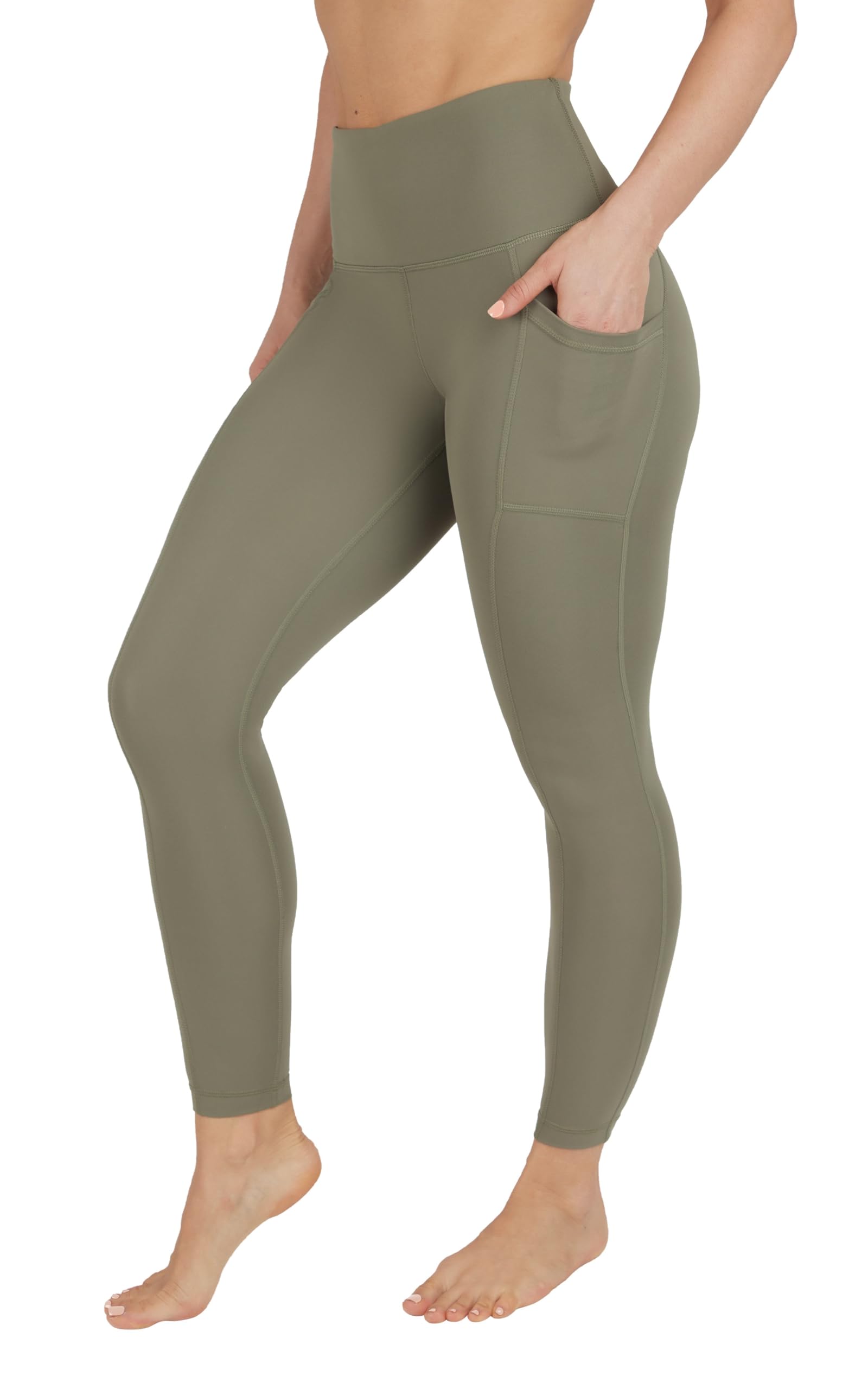 Yogalicious Women's Deep Lichen Green Nude Tech High Waist Ultra Soft 7/8 Ankle Length Leggings With Pockets For M