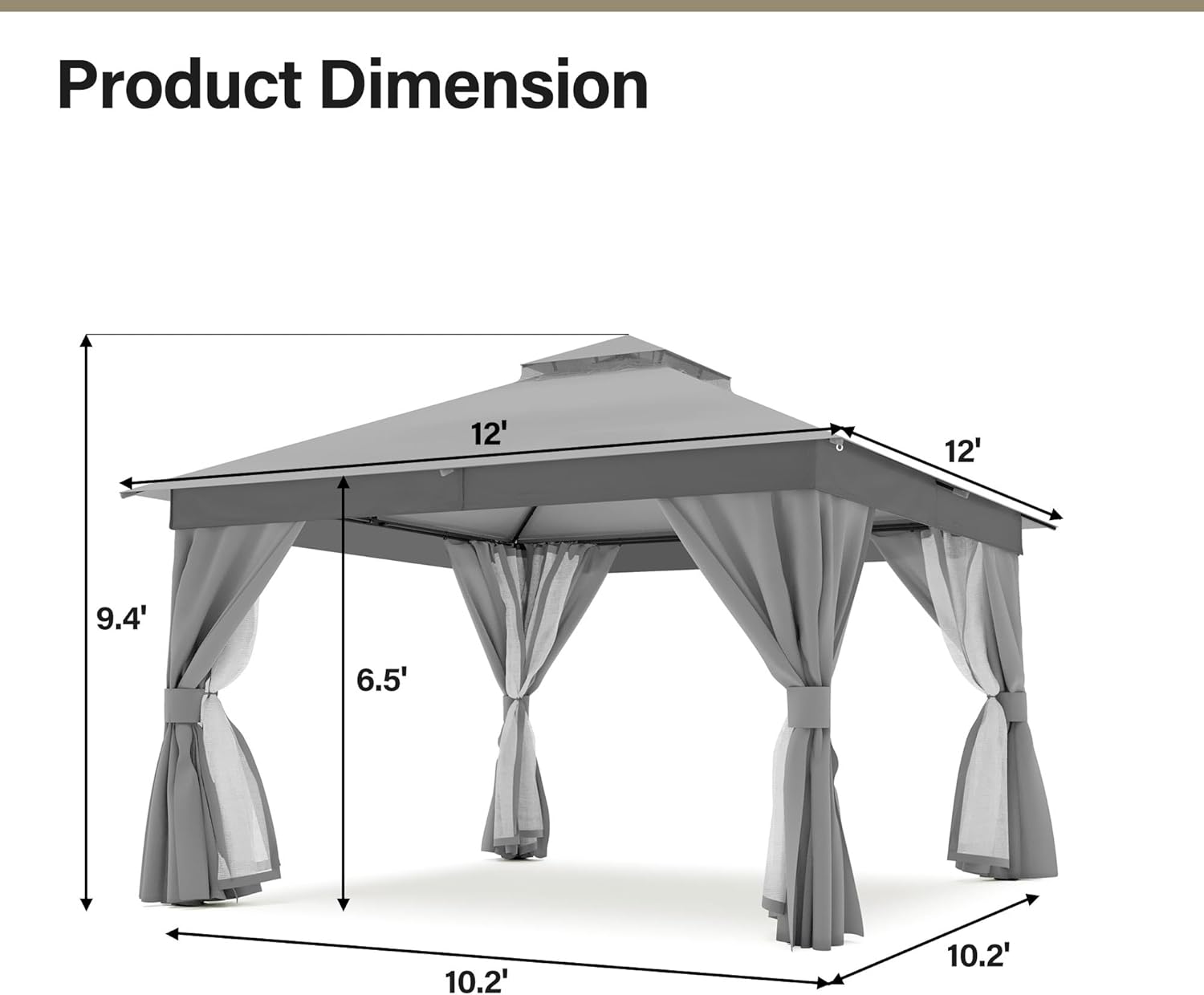 LAUSAINT HOME Patio Gazebo 12'x12', Outdoor Heavy Duty Party Tent Shelter with Double Roofs, Mosquito Nettings and Privacy Screens for Backyard, Garden, Lawn, Gray