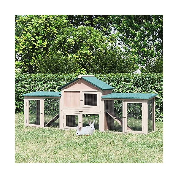 PawHut 83" L Outdoor Rabbit Hutch, Guinea Pig Cage Indoor Outdoor Wooden Bunny Hutch with Double Runs, Weatherproof Roof, Removable Tray, Ramps, Natural - Image 3